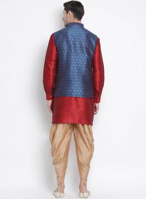 Maroon Silk Blend Jacket, Kurta And Dhoti Set 4