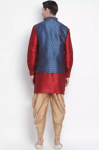 Maroon Silk Blend Jacket, Kurta And Dhoti Set