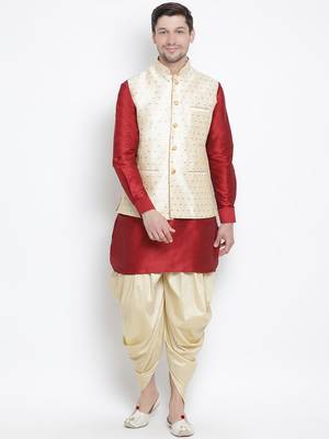 Maroon Silk Blend Jacket, Kurta And Dhoti Set 1