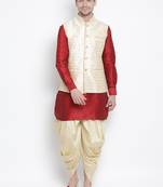 Men'S Maroon Silk Blend Jacket, Kurta And Dhoti Set