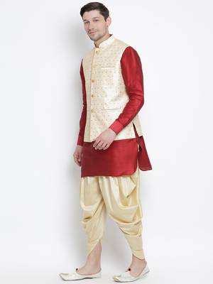 Maroon Silk Blend Jacket, Kurta And Dhoti Set 2