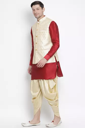 Maroon Silk Blend Jacket, Kurta And Dhoti Set