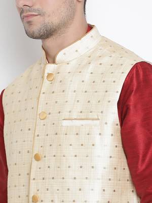 Maroon Silk Blend Jacket, Kurta And Dhoti Set 3