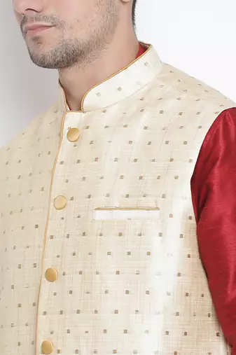 Maroon Silk Blend Jacket, Kurta And Dhoti Set