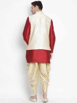 Maroon Silk Blend Jacket, Kurta And Dhoti Set 4