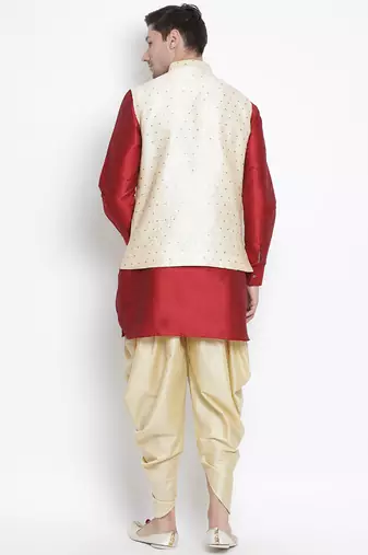 Maroon Silk Blend Jacket, Kurta And Dhoti Set