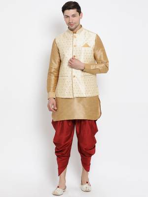 Gold Silk Blend Jacket, Kurta And Dhoti Set 1