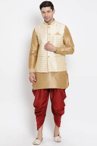Men'S Gold Silk Blend Jacket, Kurta And Dhoti Set