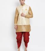 Men'S Gold Silk Blend Jacket, Kurta And Dhoti Set