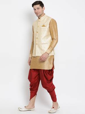 Gold Silk Blend Jacket, Kurta And Dhoti Set 2