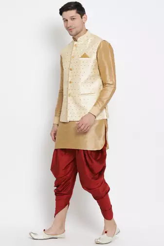 Gold Silk Blend Jacket, Kurta And Dhoti Set
