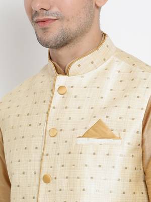 Gold Silk Blend Jacket, Kurta And Dhoti Set 3