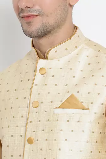 Gold Silk Blend Jacket, Kurta And Dhoti Set