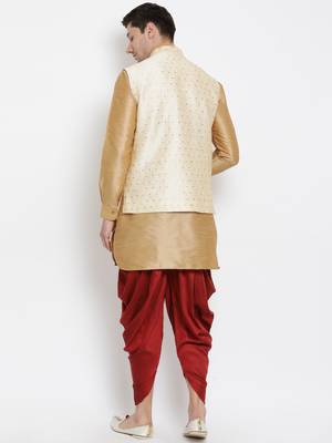Gold Silk Blend Jacket, Kurta And Dhoti Set 4