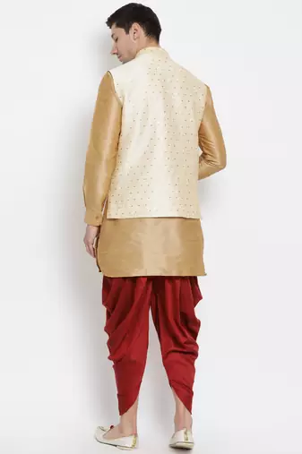 Gold Silk Blend Jacket, Kurta And Dhoti Set
