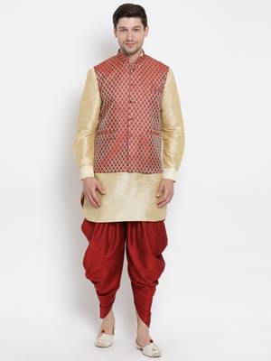 Gold Silk Blend Jacket, Kurta And Dhoti Set 1