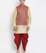 Men'S Gold Silk Blend Jacket, Kurta And Dhoti Set