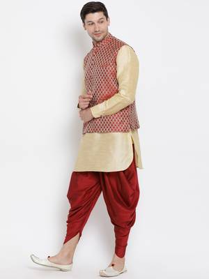 Gold Silk Blend Jacket, Kurta And Dhoti Set 2