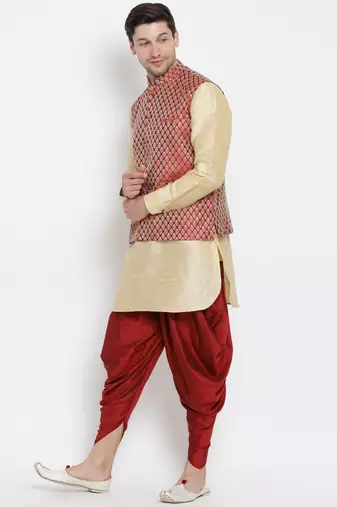 Gold Silk Blend Jacket, Kurta And Dhoti Set