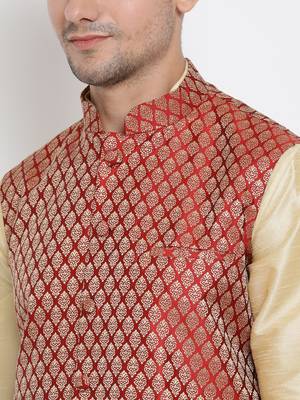 Gold Silk Blend Jacket, Kurta And Dhoti Set 3