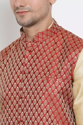 Gold Silk Blend Jacket, Kurta And Dhoti Set