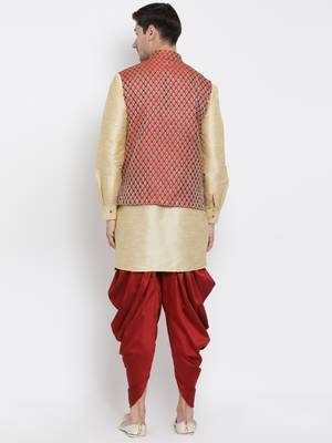 Gold Silk Blend Jacket, Kurta And Dhoti Set 4