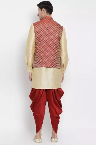 Gold Silk Blend Jacket, Kurta And Dhoti Set