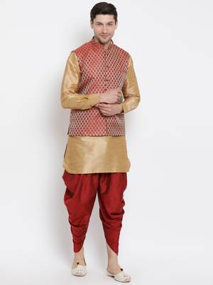 Gold Silk Blend Jacket, Kurta And Dhoti Set 1