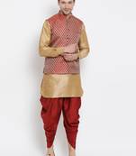 Men'S Gold Silk Blend Jacket, Kurta And Dhoti Set