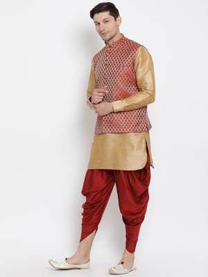 Gold Silk Blend Jacket, Kurta And Dhoti Set 2