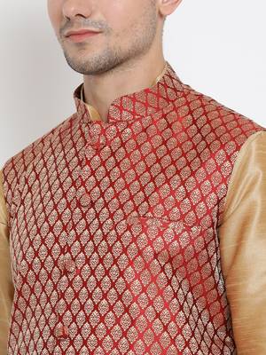 Gold Silk Blend Jacket, Kurta And Dhoti Set 3