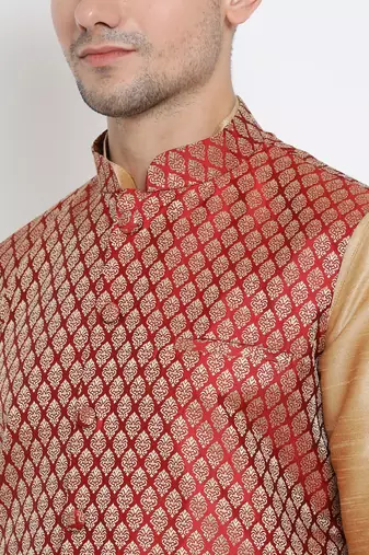 Gold Silk Blend Jacket, Kurta And Dhoti Set