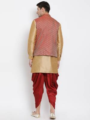 Gold Silk Blend Jacket, Kurta And Dhoti Set 4