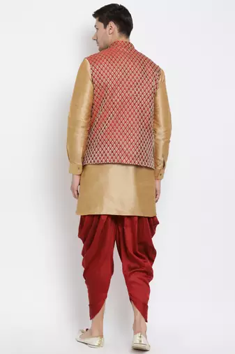 Gold Silk Blend Jacket, Kurta And Dhoti Set