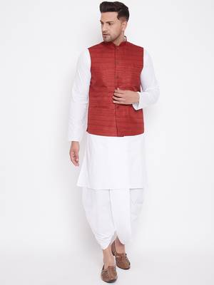 Maroon And White Cotton Blend Jacket, Kurta And Dhoti Set 1
