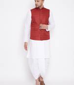Maroon And White Cotton Blend Jacket, Kurta And Dhoti Set