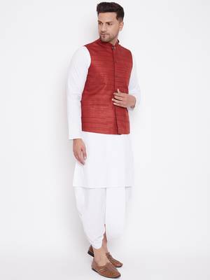 Maroon And White Cotton Blend Jacket, Kurta And Dhoti Set 2
