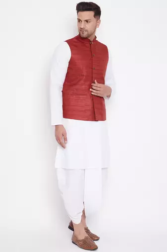 Maroon And White Cotton Blend Jacket, Kurta And Dhoti Set