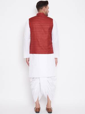 Maroon And White Cotton Blend Jacket, Kurta And Dhoti Set 3