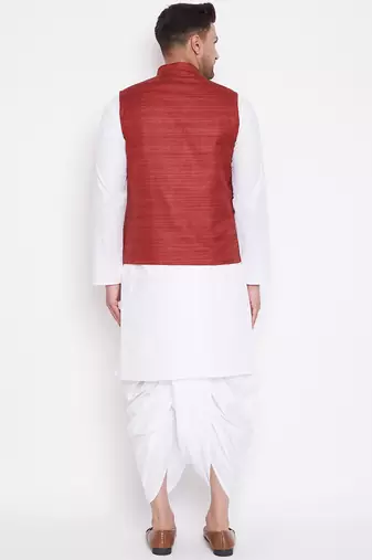 Maroon And White Cotton Blend Jacket, Kurta And Dhoti Set
