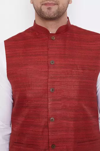 Maroon And White Cotton Blend Jacket, Kurta And Dhoti Set