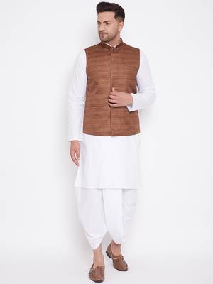 Coffee And White Cotton Blend Jacket, Kurta And Dhoti Set 1