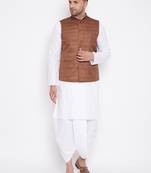 Coffee And White Cotton Blend Jacket, Kurta And Dhoti Set
