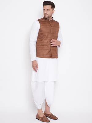 Coffee And White Cotton Blend Jacket, Kurta And Dhoti Set 2