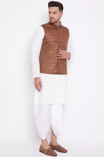 Coffee And White Cotton Blend Jacket, Kurta And Dhoti Set