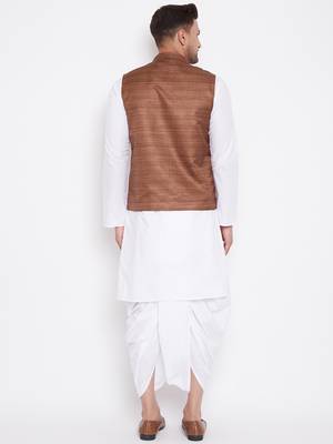 Coffee And White Cotton Blend Jacket, Kurta And Dhoti Set 3