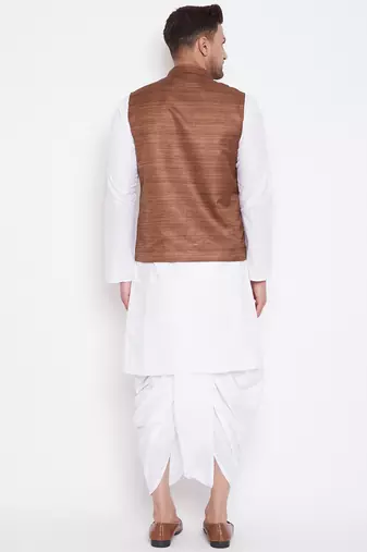 Coffee And White Cotton Blend Jacket, Kurta And Dhoti Set