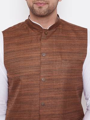 Coffee And White Cotton Blend Jacket, Kurta And Dhoti Set 4