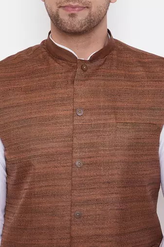 Coffee And White Cotton Blend Jacket, Kurta And Dhoti Set