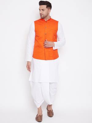 Orange And White Cotton Blend Jacket, Kurta And Dhoti Set 1